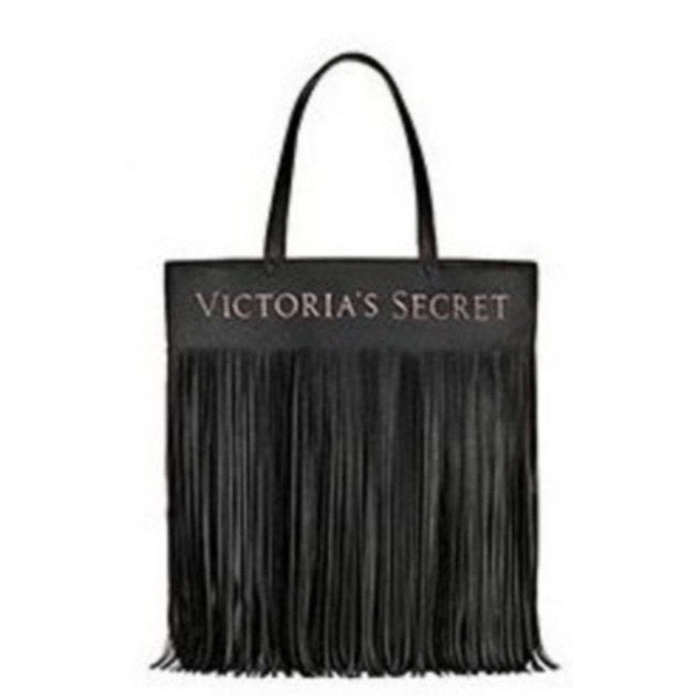 NWT Victoria's Secret Limited Edition black faux leather fringe tote bag - Picture 2 of 9